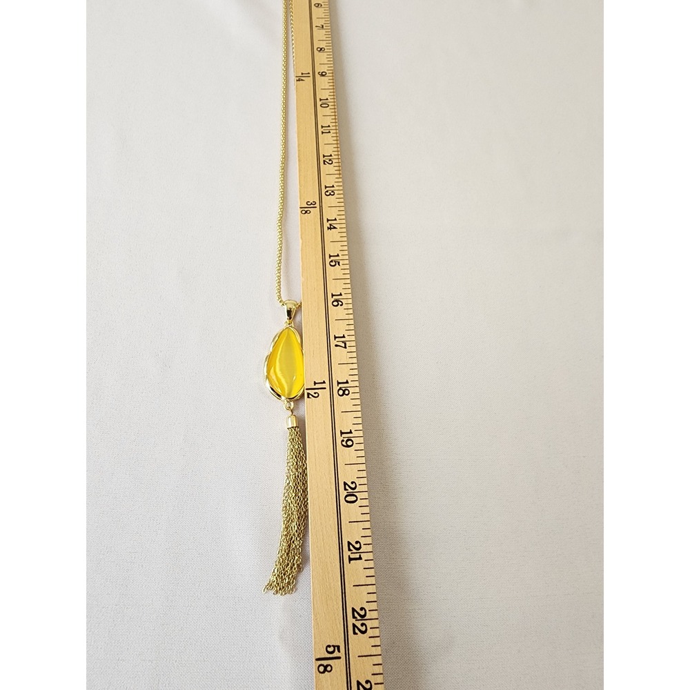 Gold Tone Long Popcorn Chain Yellow Cat's Eye Teardrop Tassel Pendant Necklace - Picture 5 of 7